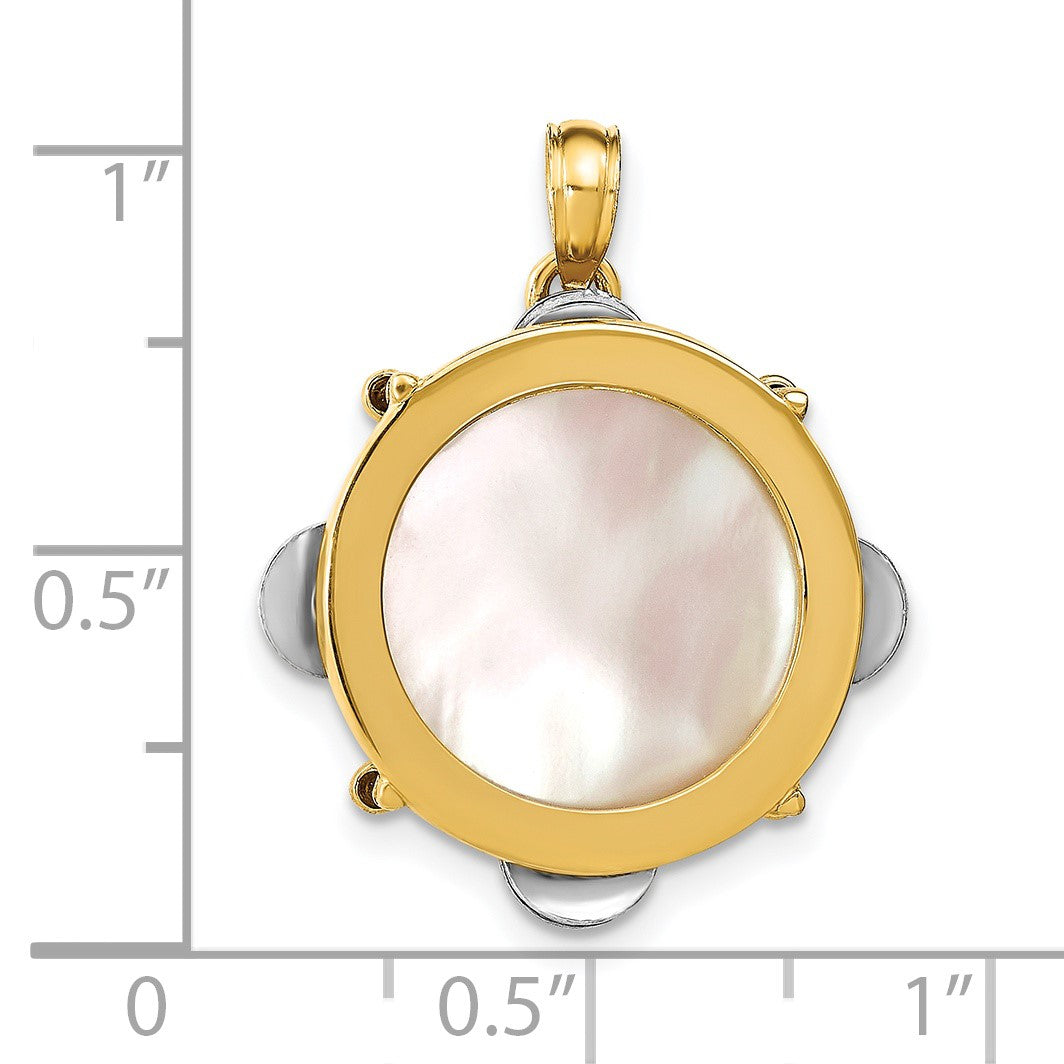14K Bicolor-Gold 3-D beweglicher Tamburin-Charm mit Perlmutt