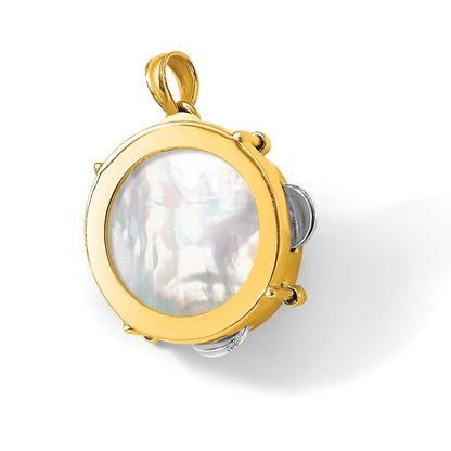 14K Bicolor-Gold 3-D beweglicher Tamburin-Charm mit Perlmutt