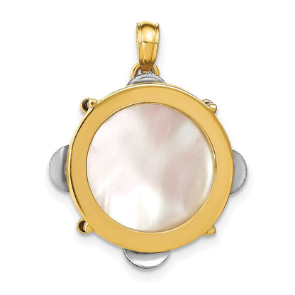 14K Bicolor-Gold 3-D beweglicher Tamburin-Charm mit Perlmutt