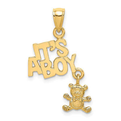 14 Karat Gelbgold beweglicher „ITS A BOY“-Charm mit Teddybär