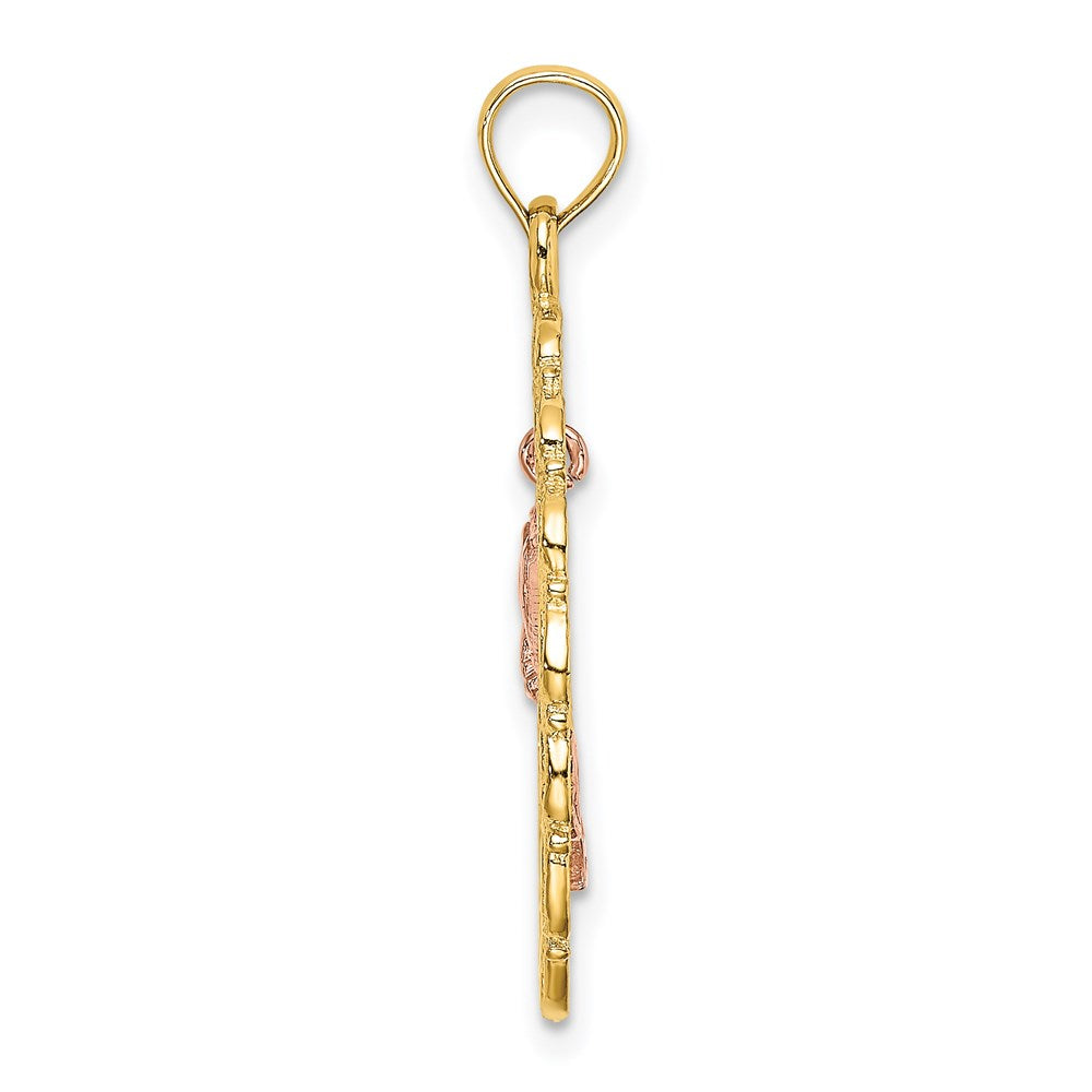 14K Bicolor Gold Texturierter Ovaler Rahmen Baumelnder Rosen-Charm