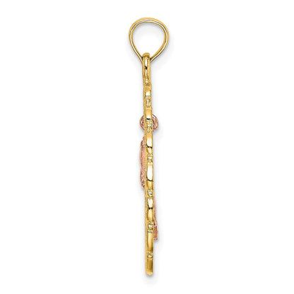14K Bicolor Gold Texturierter Ovaler Rahmen Baumelnder Rosen-Charm