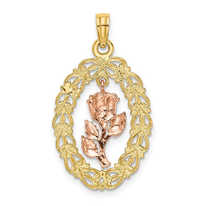 14K Bicolor Gold Texturierter Ovaler Rahmen Baumelnder Rosen-Charm