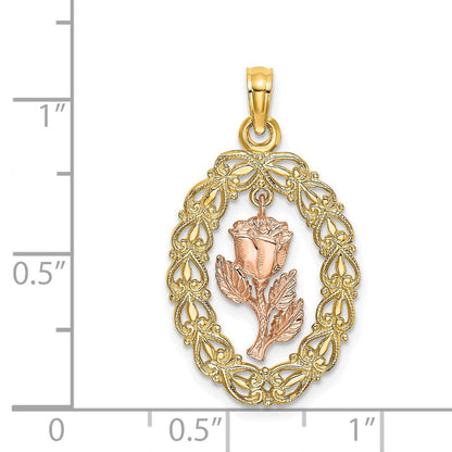 14K Bicolor Gold Texturierter Ovaler Rahmen Baumelnder Rosen-Charm