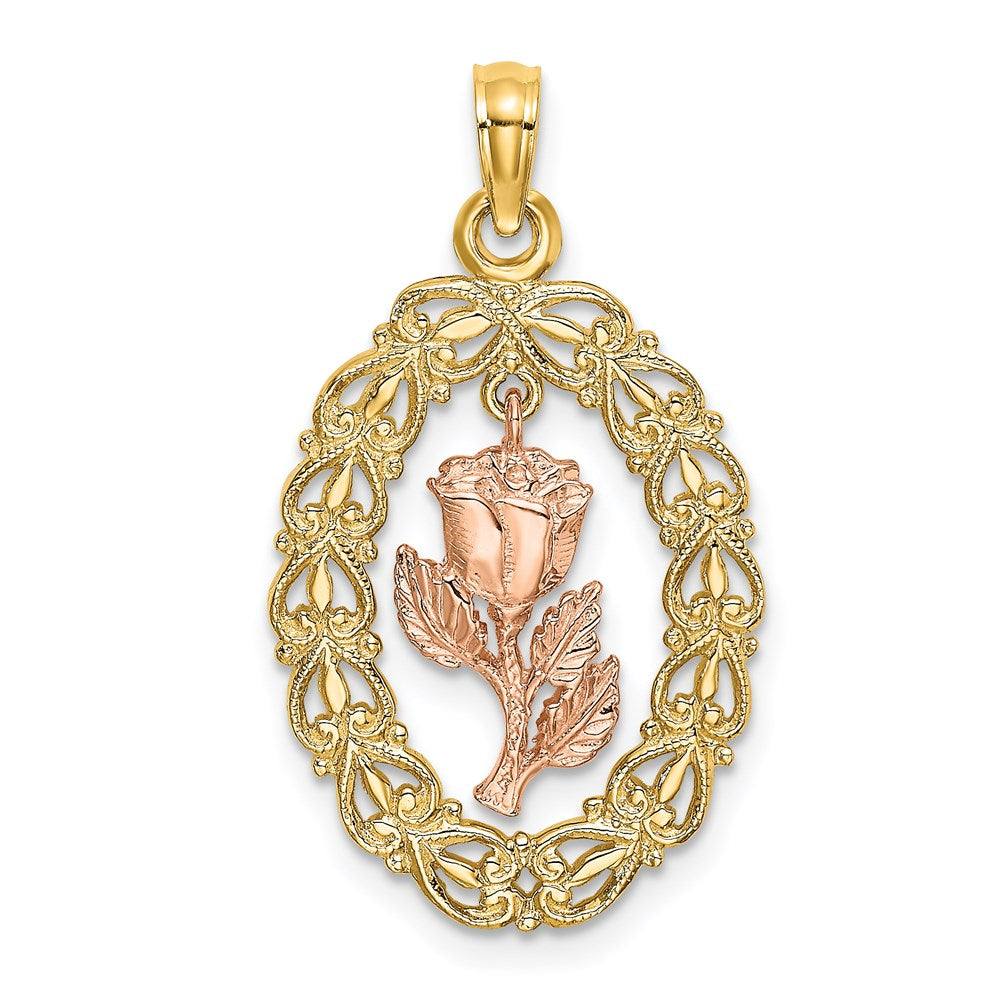 14K Bicolor Gold Texturierter Ovaler Rahmen Baumelnder Rosen-Charm