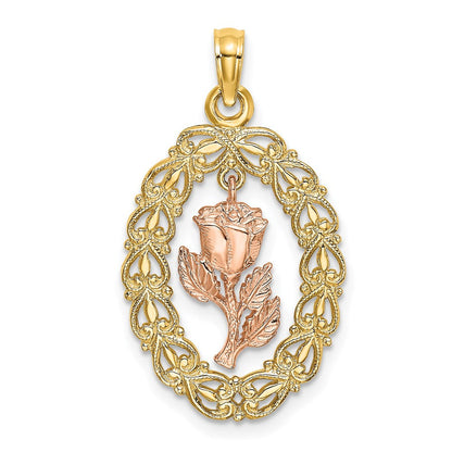 14K Bicolor Gold Texturierter Ovaler Rahmen Baumelnder Rosen-Charm