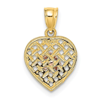 14K Bicolor Blume auf Geflochten Herz Charm