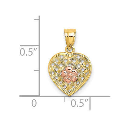 14K Bicolor Blume auf Geflochten Herz Charm