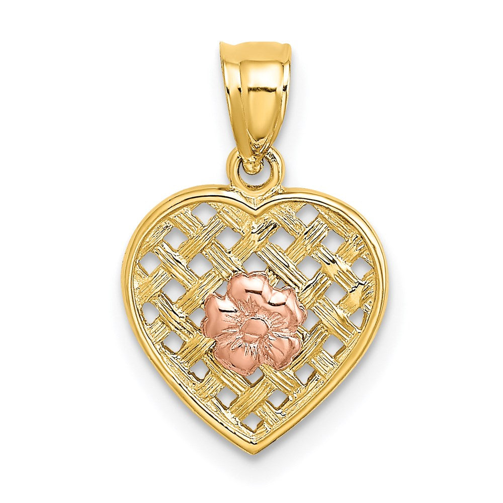 14K Bicolor Blume auf Geflochten Herz Charm