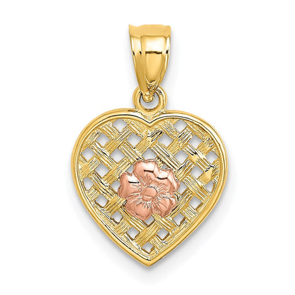 14K Bicolor Blume auf Geflochten Herz Charm