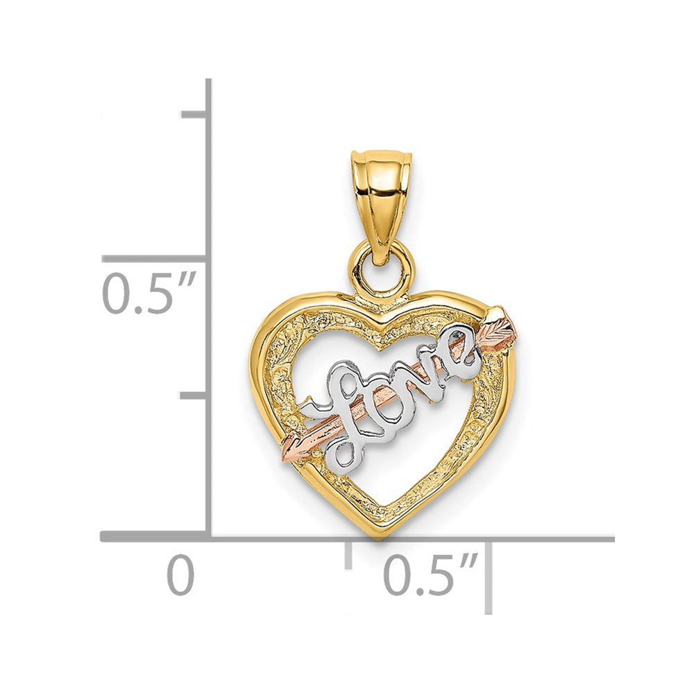14K Bicolor Gelb und Roségold mit Weiß Rhodium Liebe Herz Pfeil Charm