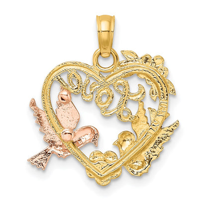 14K Zweifarbig Gelbgold und Roségold mit Rhodium LOVE mit Tauben Herz-Charm