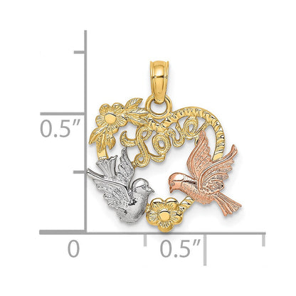 14K Zweifarbig Gelbgold und Roségold mit Rhodium LOVE mit Tauben Herz-Charm