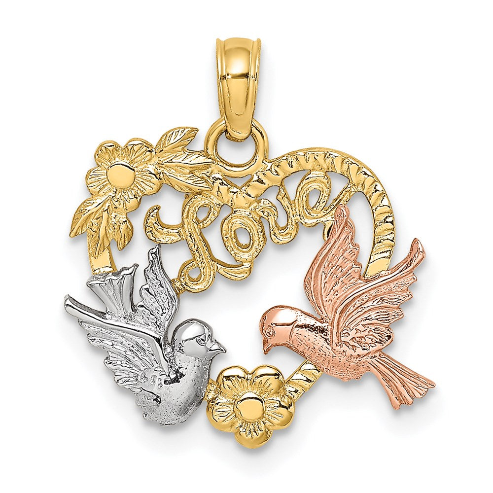 14K Zweifarbig Gelbgold und Roségold mit Rhodium LOVE mit Tauben Herz-Charm