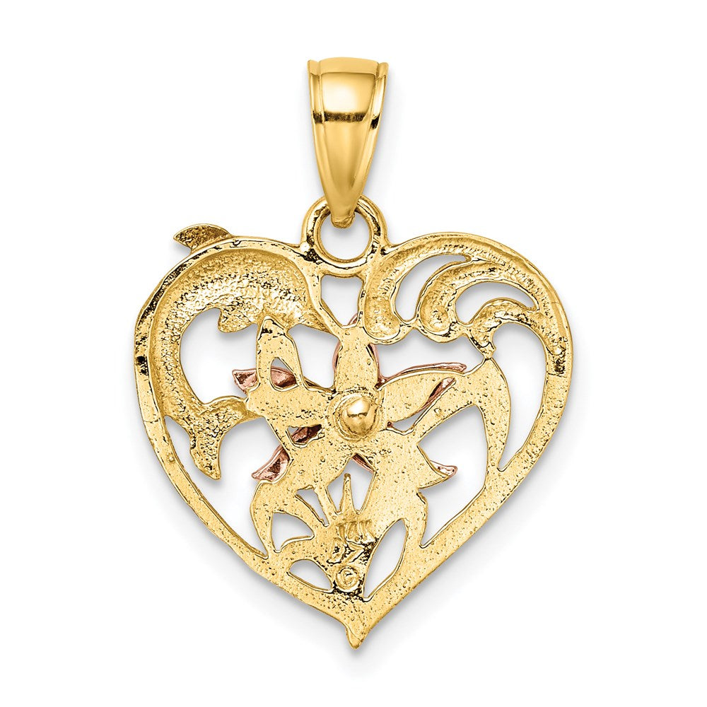 14K Bicolor-Gold mit Weiß-Rhodinierung Delfin- und Seestern-in-Herz-Charm