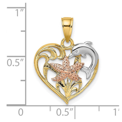 14K Bicolor-Gold mit Weiß-Rhodinierung Delfin- und Seestern-in-Herz-Charm
