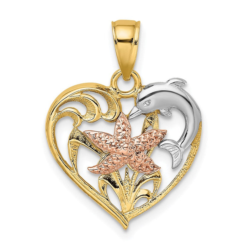 14K Bicolor-Gold mit Weiß-Rhodinierung Delfin- und Seestern-in-Herz-Charm