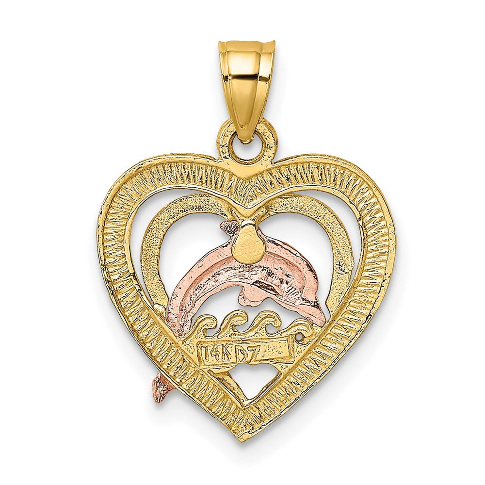 14K Bicolor mit Weiß Rhodium Delfin in Herz Charm