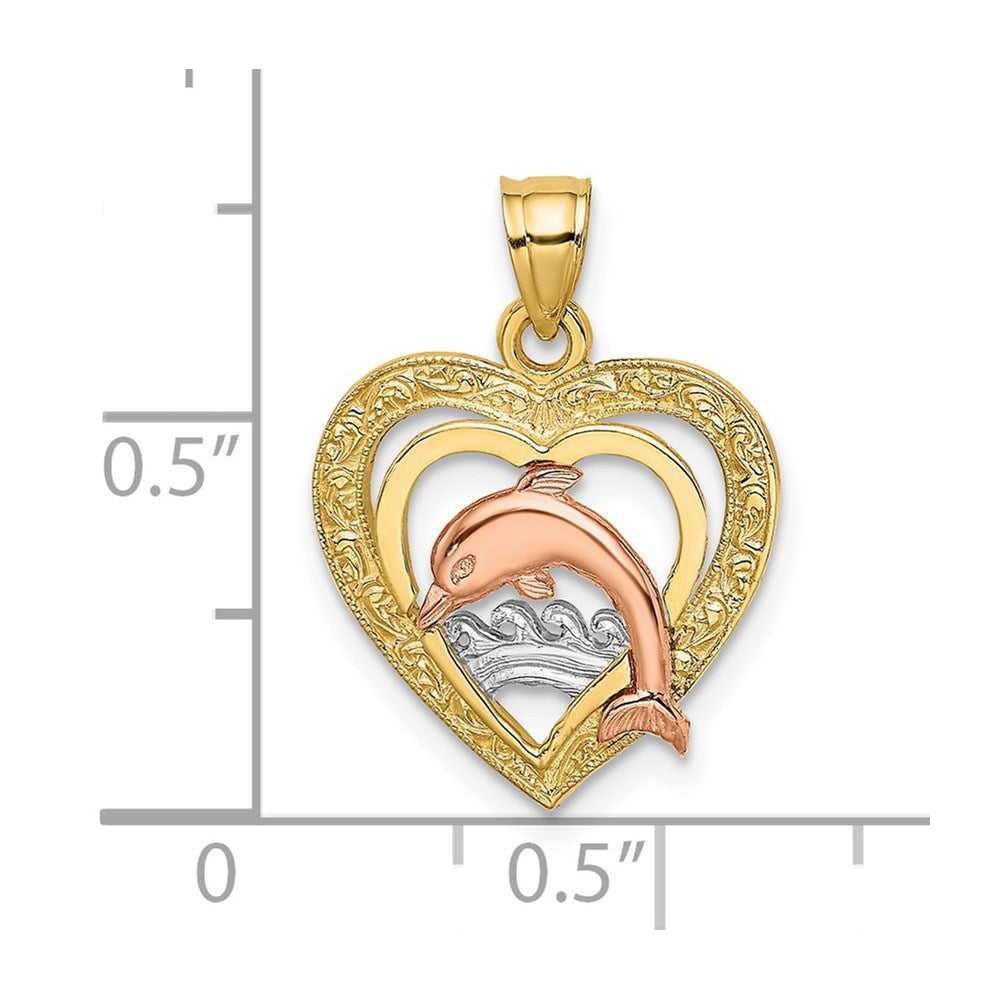 14K Bicolor mit Weiß Rhodium Delfin in Herz Charm