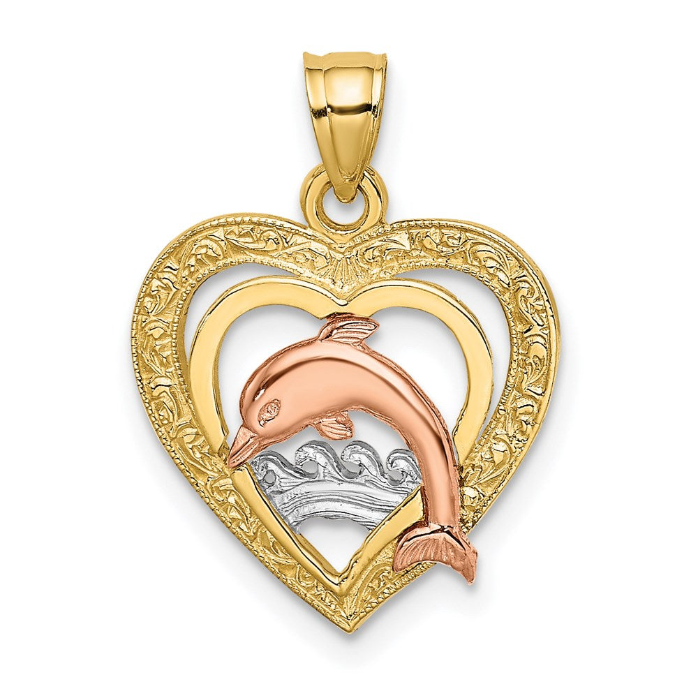 14K Bicolor mit Weiß Rhodium Delfin in Herz Charm