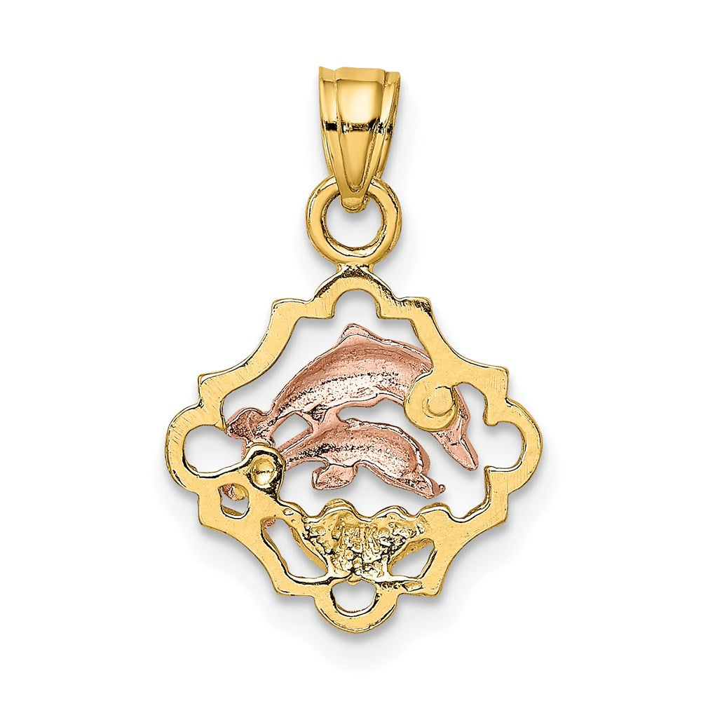 14K Bicolor mit Weiß Rhodium Doppelt Dolphins in Rahmen Charm