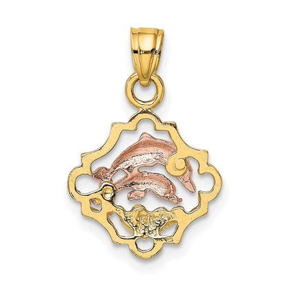 14K Bicolor mit Weiß Rhodium Doppelt Dolphins in Rahmen Charm