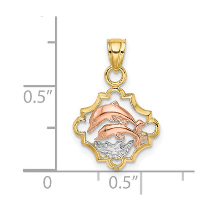 14K Bicolor mit Weiß Rhodium Doppelt Dolphins in Rahmen Charm
