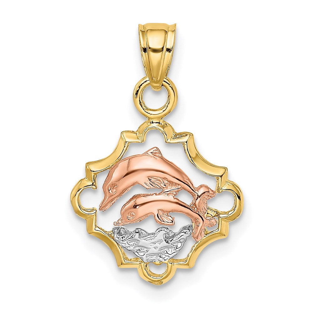 14K Bicolor mit Weiß Rhodium Doppelt Dolphins in Rahmen Charm