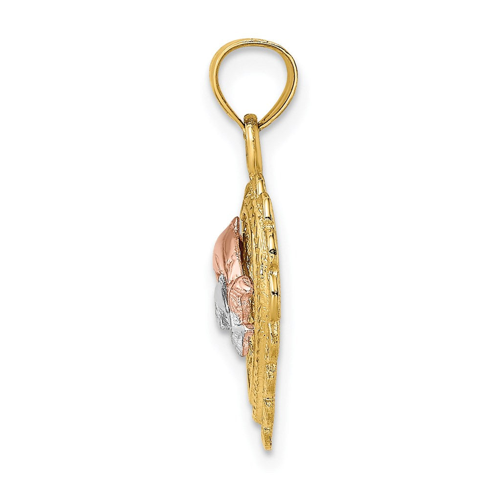 14K Zweifarbig Gold Zweifarbig Gold mit Weißrhodium Zwei Delfine auf Korbherz Charm