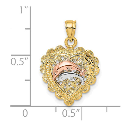 14K Zweifarbig Gold Zweifarbig Gold mit Weißrhodium Zwei Delfine auf Korbherz Charm