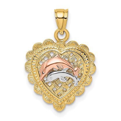 14K Zweifarbig Gold Zweifarbig Gold mit Weißrhodium Zwei Delfine auf Korbherz Charm