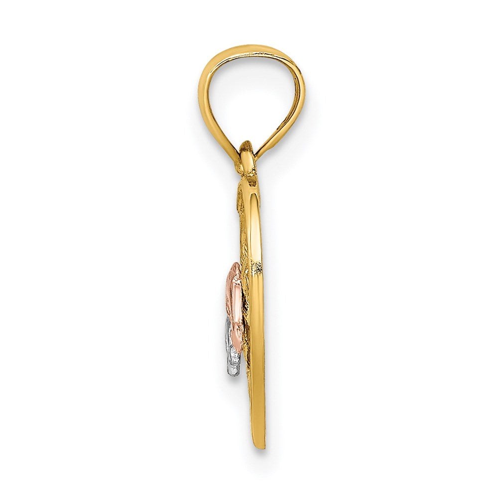 14K Bicolor mit Weiß Rhodium Doppelt Dolphins auf Geflochten Herz Charm