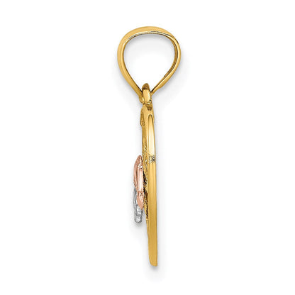 14K Bicolor mit Weiß Rhodium Doppelt Dolphins auf Geflochten Herz Charm