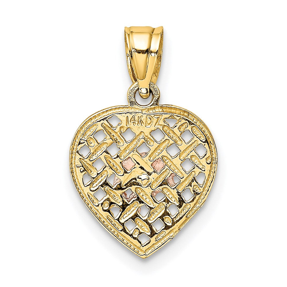 14K Bicolor mit Weiß Rhodium Doppelt Dolphins auf Geflochten Herz Charm