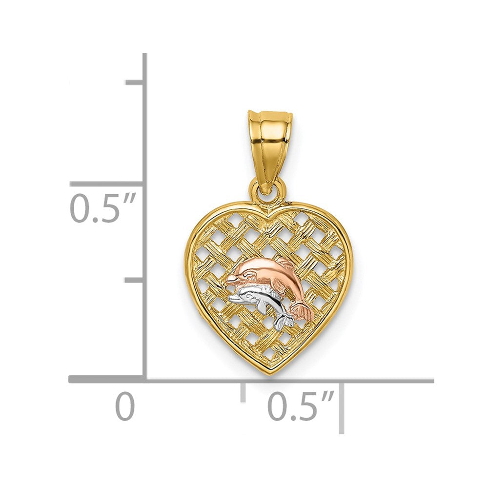 14K Bicolor mit Weiß Rhodium Doppelt Dolphins auf Geflochten Herz Charm