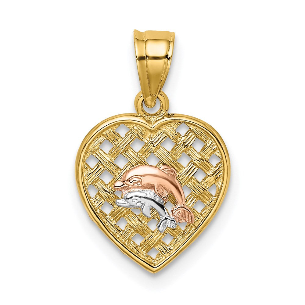 14K Bicolor mit Weiß Rhodium Doppelt Dolphins auf Geflochten Herz Charm