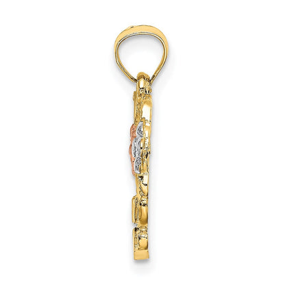14K Bicolor mit Weiß Rhodium Blume in Herz Charm