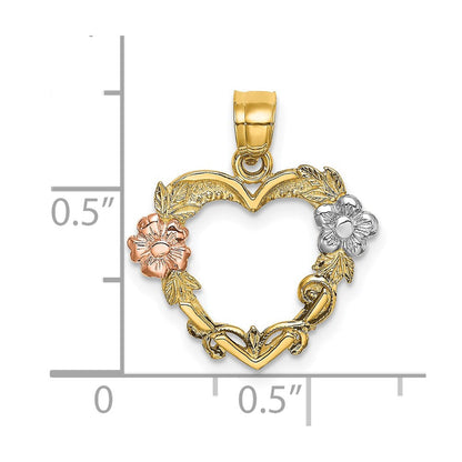 14K Bicolor mit Weiß Rhodium Blume in Herz Charm