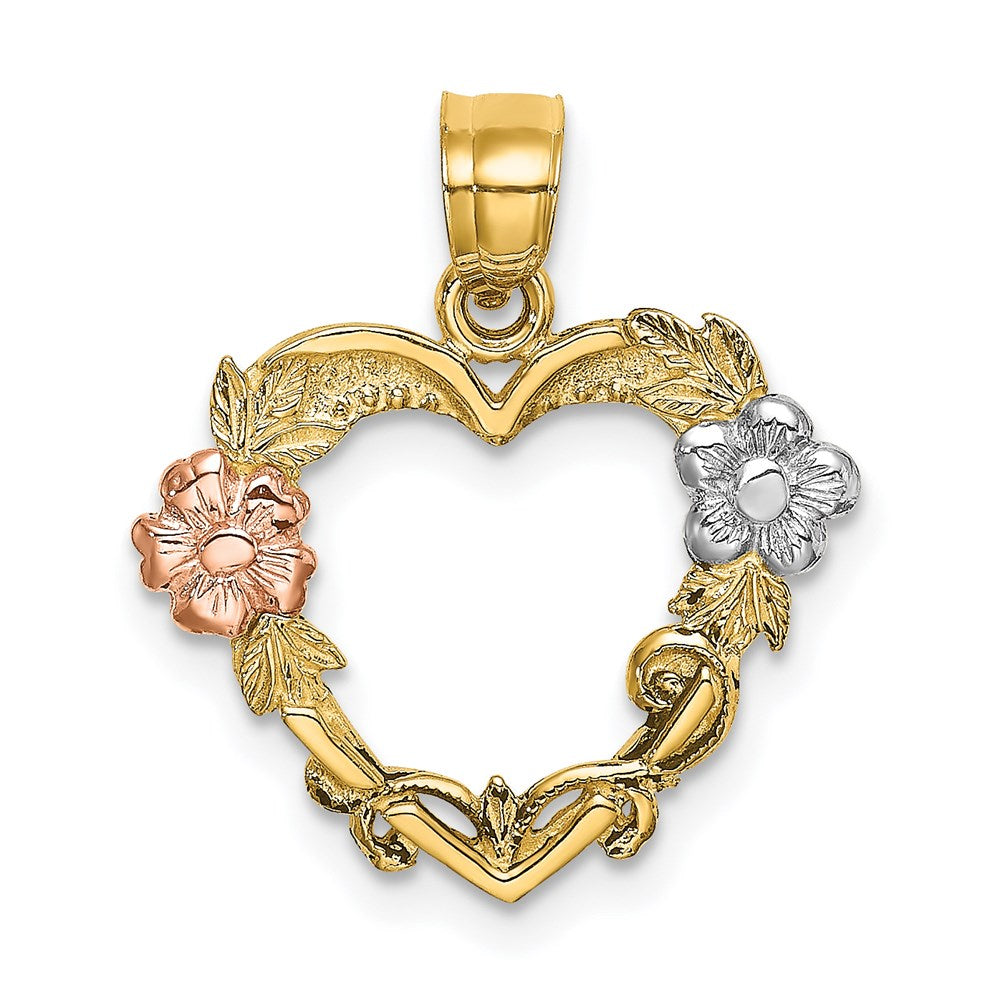 14K Bicolor mit Weiß Rhodium Blume in Herz Charm