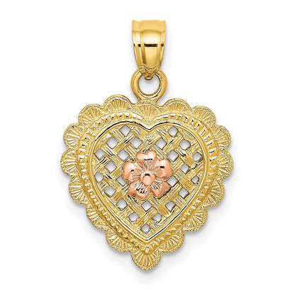 14K Bicolor Gold (Gelb- und Roségold) Blumen-in-Herzkorb-Charm