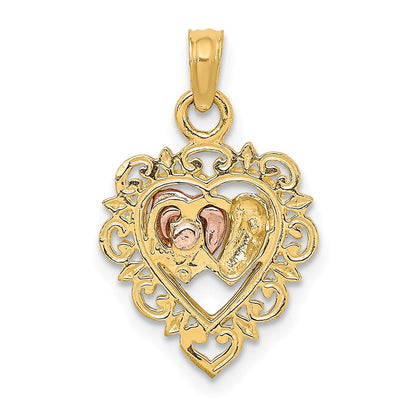 14K Bicolor Gelbgold und Roségold mit Weißrhodinierung Strukturierter Herzen-Charm