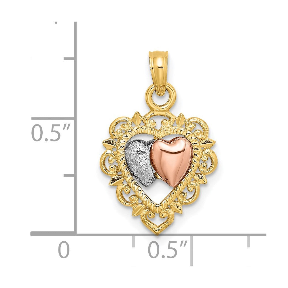 14K Bicolor Gelbgold und Roségold mit Weißrhodinierung Strukturierter Herzen-Charm