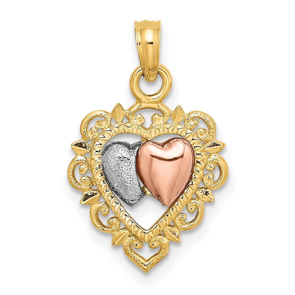 14K Bicolor Gelbgold und Roségold mit Weißrhodinierung Strukturierter Herzen-Charm