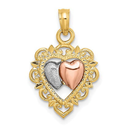 14K Bicolor Gelbgold und Roségold mit Weißrhodinierung Strukturierter Herzen-Charm