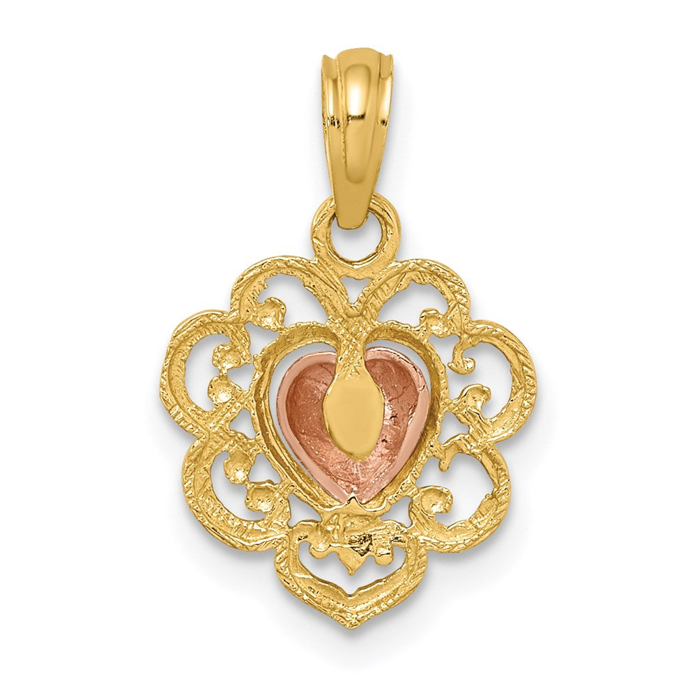 14K Bicolor Gelb und Rose Poliert Strukturiert Herz Charm