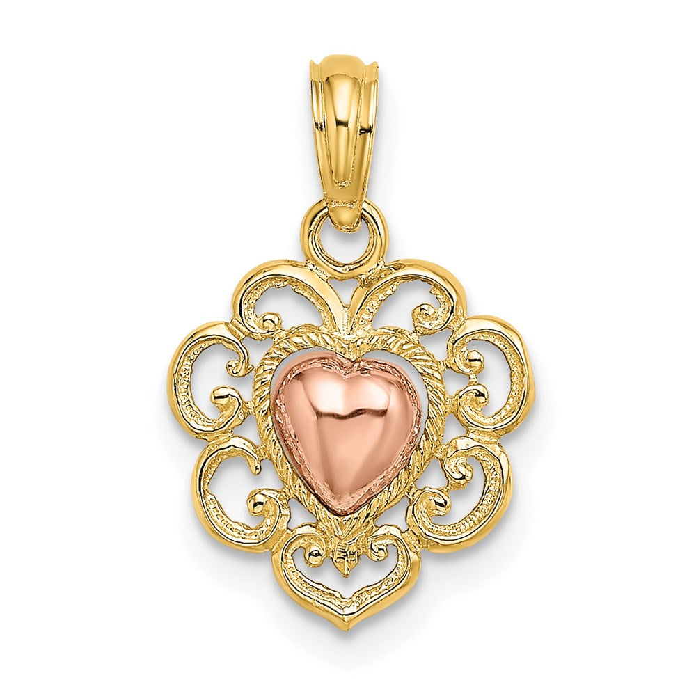 14K Bicolor Gelb und Rose Poliert Strukturiert Herz Charm