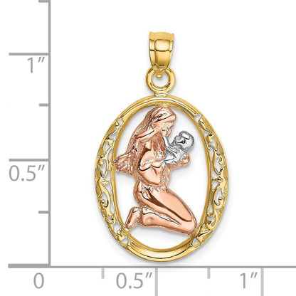 14 Karat Bicolor-Gold Charm mit Rhodinierung, Mutter und Kind im ovalen Rahmen