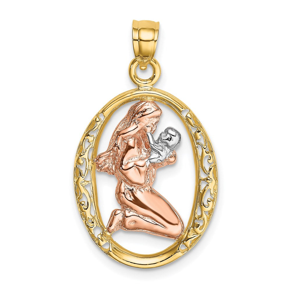 14 Karat Bicolor-Gold Charm mit Rhodinierung, Mutter und Kind im ovalen Rahmen