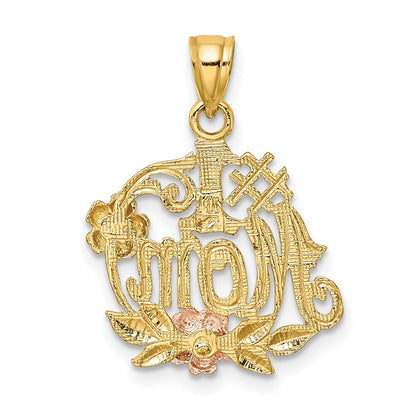 14K Bicolor-Gold mit Weiß-Rhodium "#1 MOM" Charm mit Blume