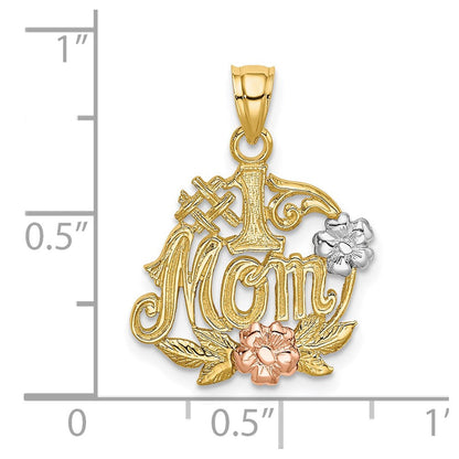 14K Bicolor-Gold mit Weiß-Rhodium "#1 MOM" Charm mit Blume